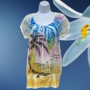 Maurices-Women's Large Short Sleeve Pullover Top Front-Back Print Light Weight